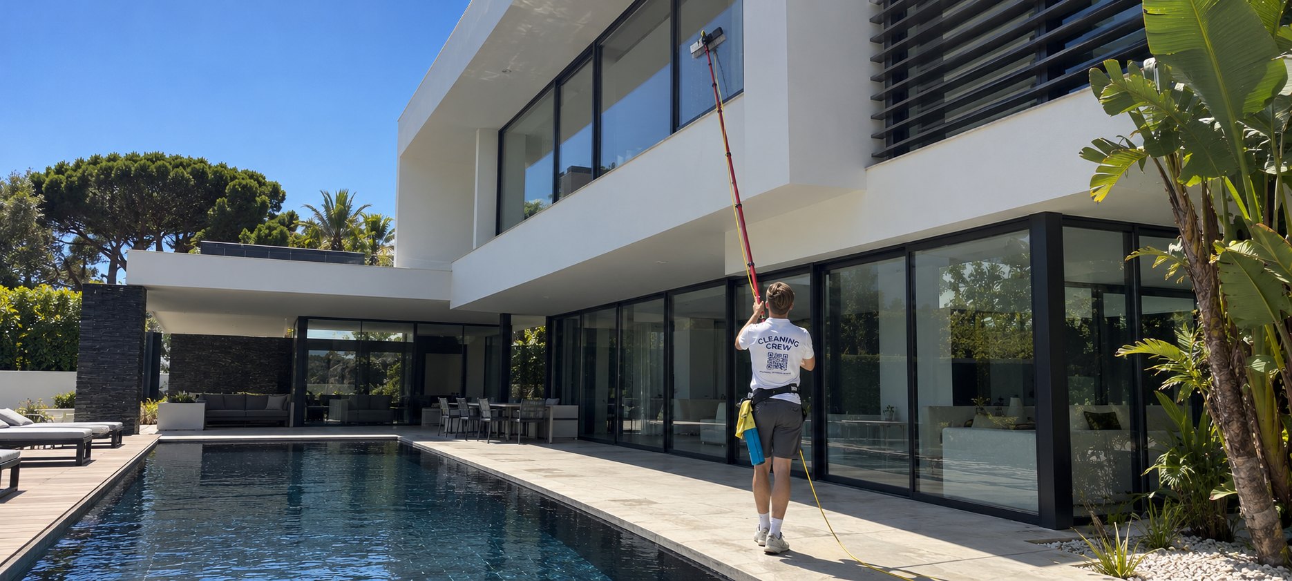 Algarve Cleaning Crew cleaning the upper glass of a modern villa with a water-fed pole beside the pool