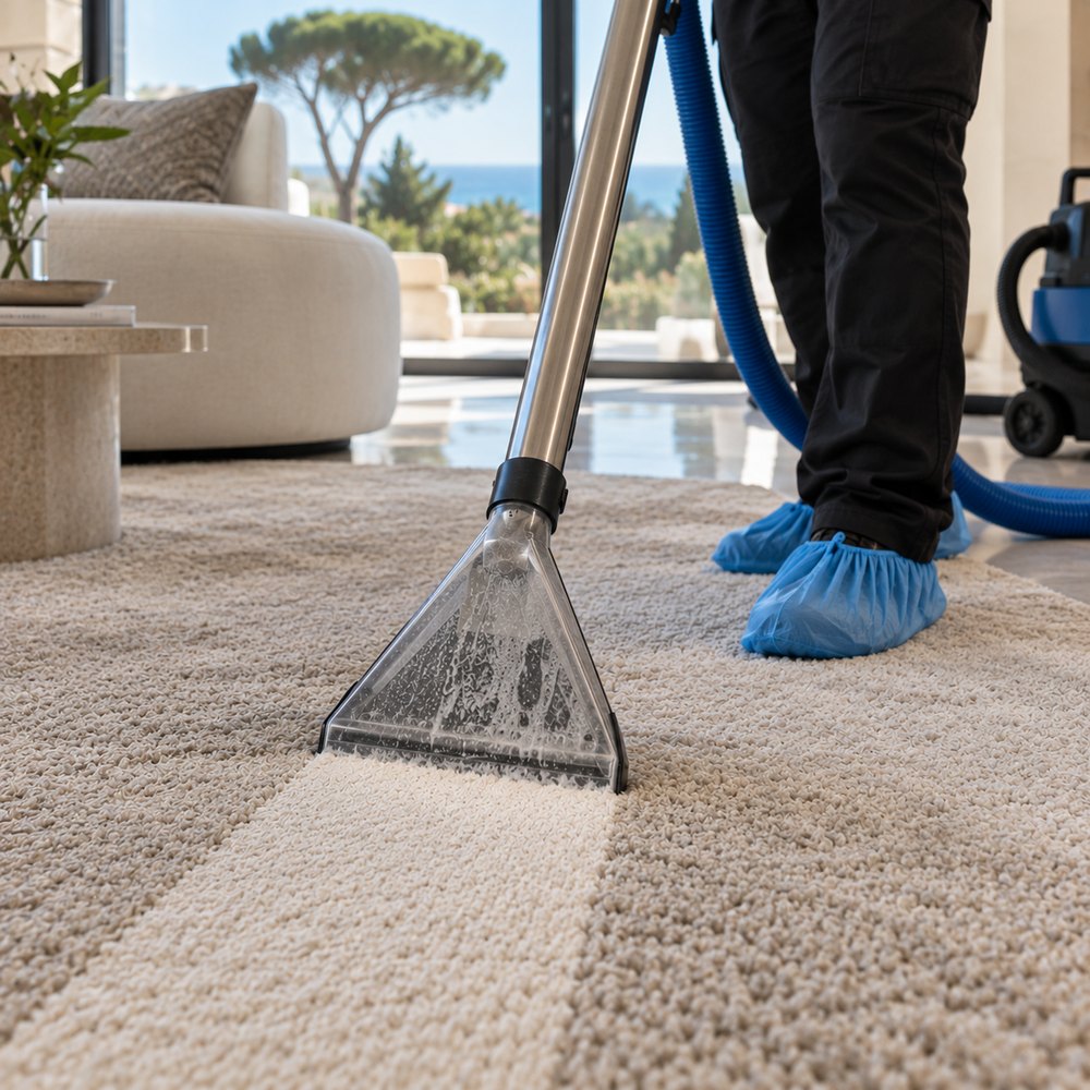 Deep extraction cleaning a carpet in an Algarve villa