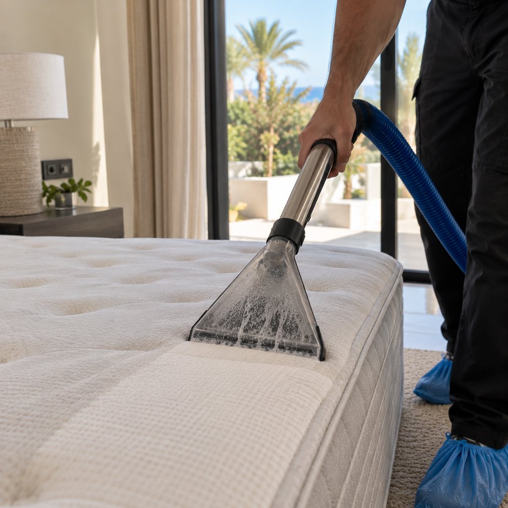 Deep cleaning a mattress in an Algarve villa bedroom