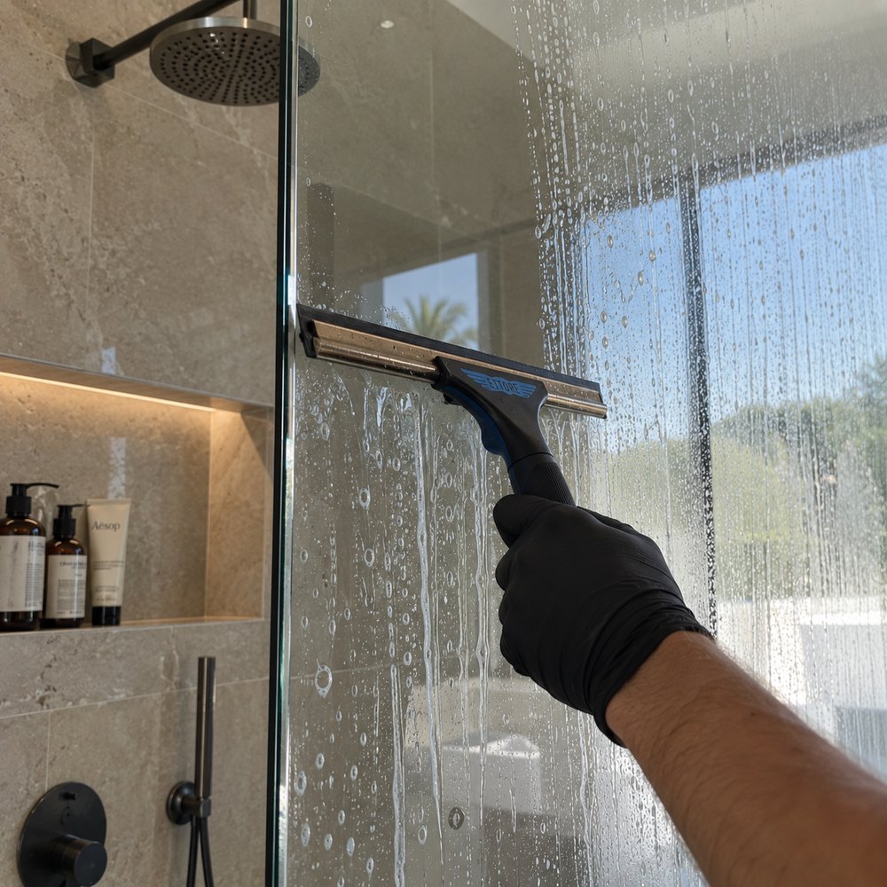 Squeegeeing a shower screen during a premium home clean