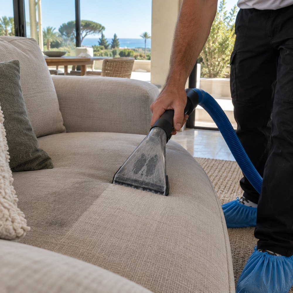 Extraction cleaning a fabric sofa in an Algarve villa